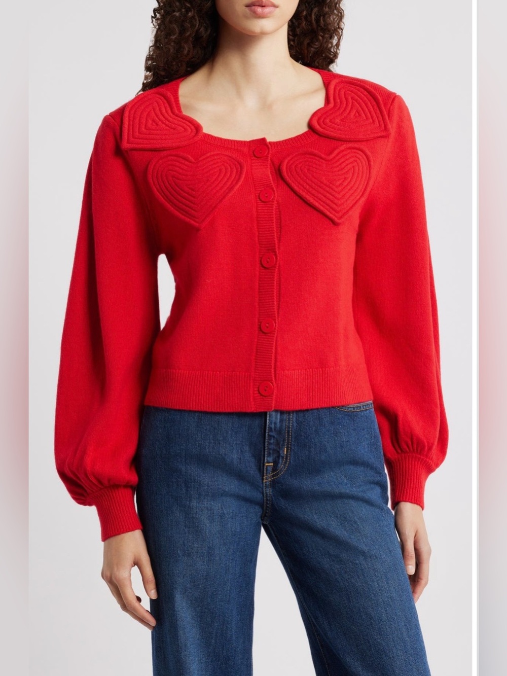 Farm Rio Red Heart Felt -Appliqué Button Cardigan Sweater NWT ❤️